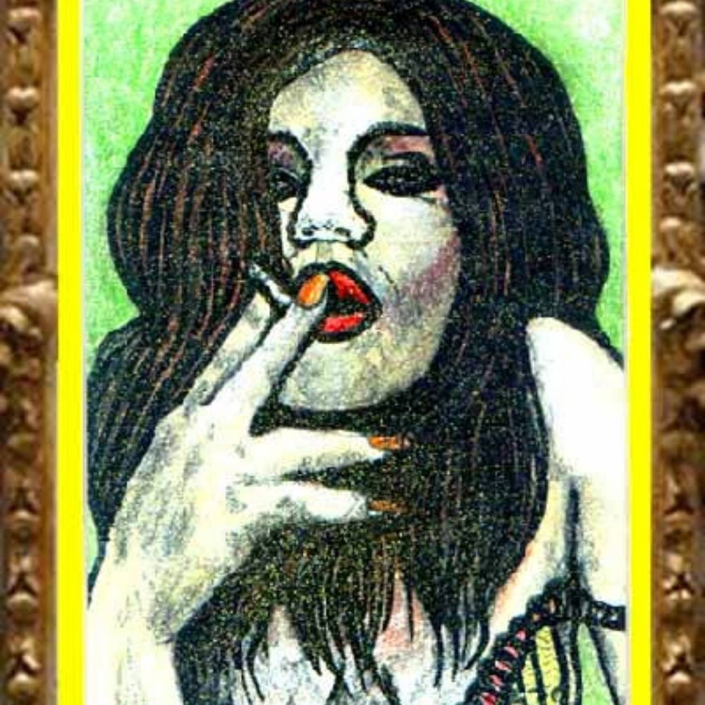 "Portrait Of A Smoking Woman On Green Background"